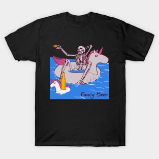 Funny Skeleton Sitting On A Unicorn In A Pool Drinking Fancy Beer T-Shirt